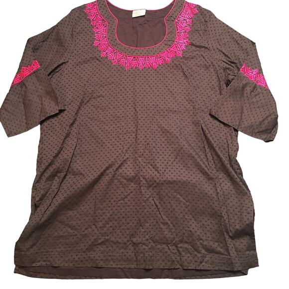 Rungolee Womens Embroidered Embellished Tunic Top Side Slit Brown Pink - Picture 1 of 11